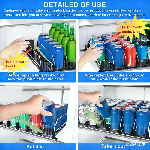 Vista 4 de Organizador de bebidas negro de 6 filas para refrigerador, 3ª generación, organizador de refrigerador y almacenamiento, deslizador automático