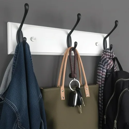 Vista 14 de Perchero de pared con 5 ganchos plateados de madera, 17.3’’, Ganchos resistentes para colgar ropa, sombrero, mochila, etc., Gran decoración moderna