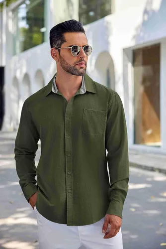 Vista 5 de COOFANDY Camisa de lino con botones para hombre, de manga larga, informal, para playa, con bolsillo