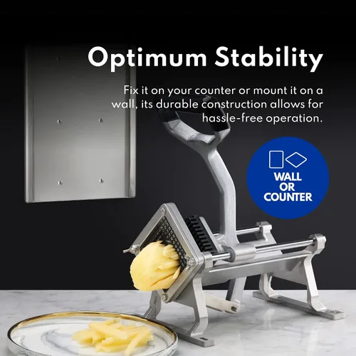 Vista 5 de New Star Foodservice 1028935 Cortador de papas fritas extra resistente de 1/2" con soporte de pared, montaje fijo en mostrador o pared, plateado