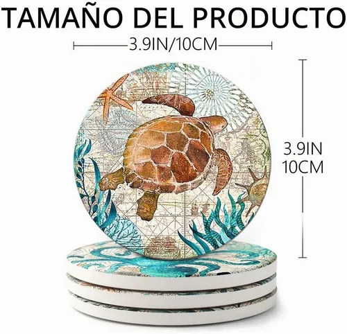 Vista 3 de Teivio Posavasos de piedra absorbente con temática de vida marina para bebidas, base de corcho con soporte, decoración costera con tema de playa
