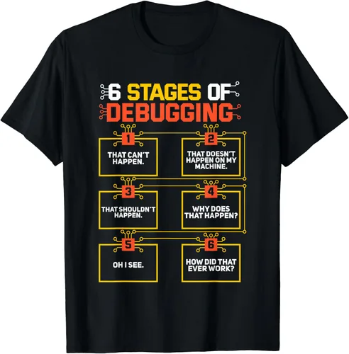 Vista 2 de Camiseta de regalo Geek con programador de computadora de 6 etapas de depuración, Negro, S