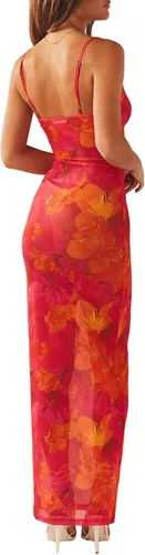 Vista 4 de Vestido largo vintage ajustado para mujer, sin mangas, con tirantes delgados, estampado floral, cóctel, fiesta, club