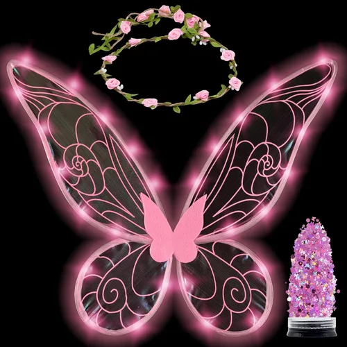 Vista 13 de Disfraz de hada Funcredible para mujeres y niñas - Alas de hada con luz y corona de flores, brillo - Alas de mariposa Negro