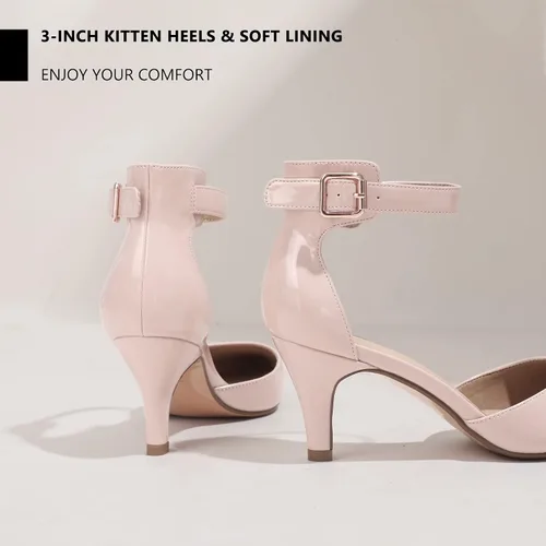 Vista 3 de IDIFU IN3 D'Orsay Zapatos de tacón bajo para mujer, zapatos de vestir puntiagudos con puntera cerrada, correa de tobillo para novia, elegante