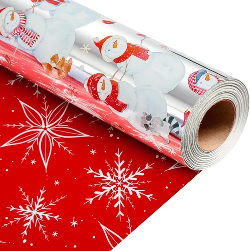 Vista 13 de Homeral Rollo de papel de regalo de Navidad, Papá Noel, muñeco de nieve y lazo y bastones de caramelo rosados, envoltura de regalo reversible