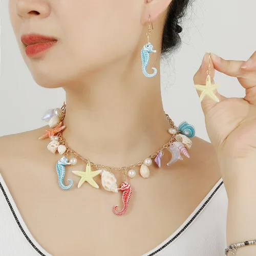 Vista 2 de Collar de estrella de mar de concha, pulsera de caracola, collar grueso de sirena, joyería de playa para mujer