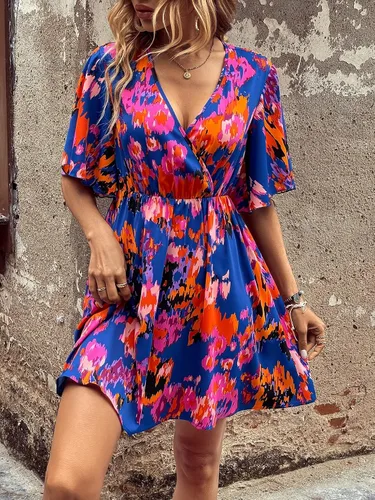 Vista 5 de OYOANGLE Vestido acampanado acampanado con cuello en V y manga corta de mariposa para mujer