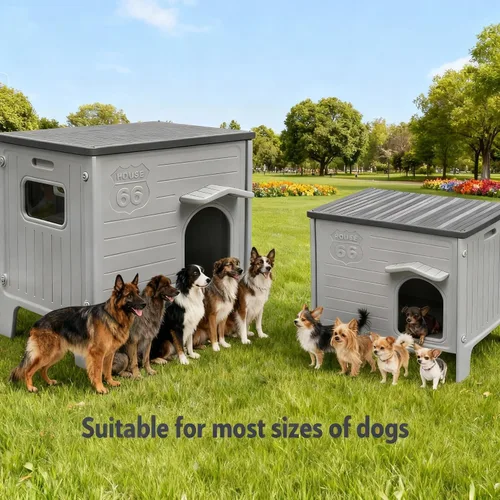 Vista 2 de Casa grande para perros para exteriores, aislada, resistente a la intemperie, doble HDPE, diseño elevado, fácil de montar, interior expansivo, gris
