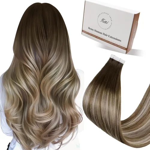 Vista 30 de 【Descuento】Hetto - Extensiones de cabello con cinta adhesiva, 40g, extensiones de cabello humano, color rubio ceniza oscuro degradado a rubio medio