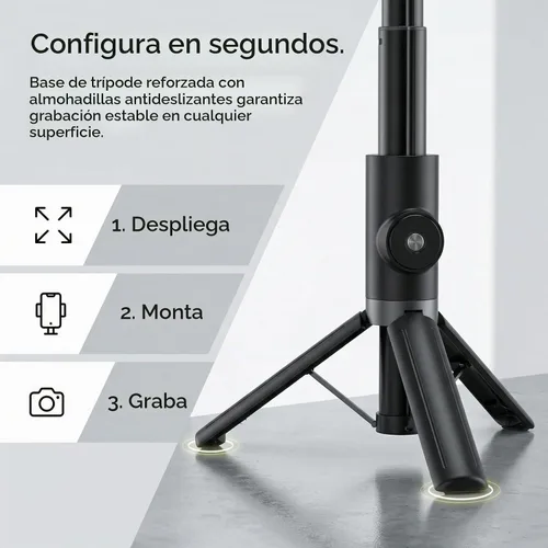 Vista 3 de Trípode para selfie stick portátil, extensible para teléfono celular, con mini anillo desmontable, trípode para teléfono con control remoto Negro