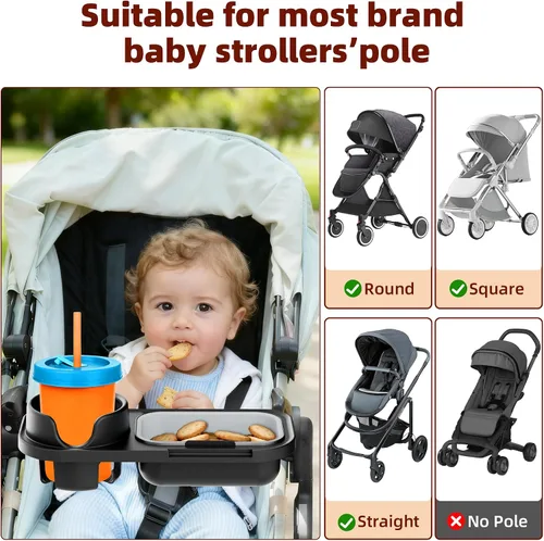 Vista 5 de Bandeja universal para refrigerios para cochecito, compatible con Nuna Uppababy Mockingbird, bandeja de aperitivos para cochecito con soporte