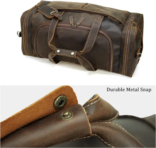 Vista 8 de Polare - Bolsa de lona de cuero de grano completo para hombre, de 24 pulgadas, para viajes, gimnasio, deportes, fin de semana, grande, Marrón, Retro