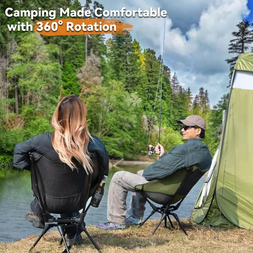 Vista 2 de Silla de camping giratoria de 360° mejorada para adultos, silla plegable portátil con soporte para tazas, mochila compacta ligera para exteriores