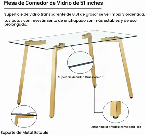 Vista 3 de Juego de mesa de comedor de 4, mesa rectangular de 51 pulgadas con superficie de vidrio templado y patas de metal dorado, mesa de cocina con 4