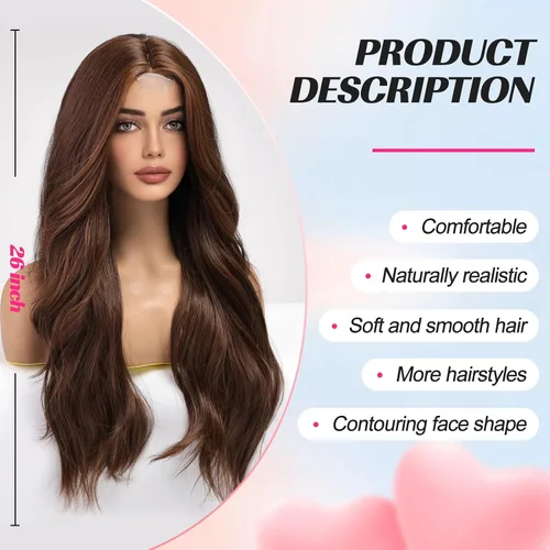 Vista 2 de EMMOR Peluca larga y ondulada marrón mixta para mujer, pelucas de encaje frontal, aspecto natural, 26 pulgadas, parte media, peluca rizada