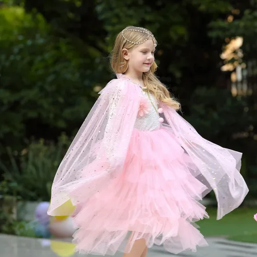 Vista 2 de FAYBOX Ropa de vestir de princesa para niñas pequeñas, capa de pincess, accesorios de disfraz con collar de varita de tiara trenzada