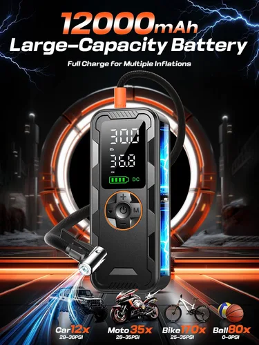 Vista 4 de Compresor de aire portátil para inflar neumáticos, bomba de aire eléctrica de 150 PSI con manómetro digital, inflado rápido, apagado automático, luz
