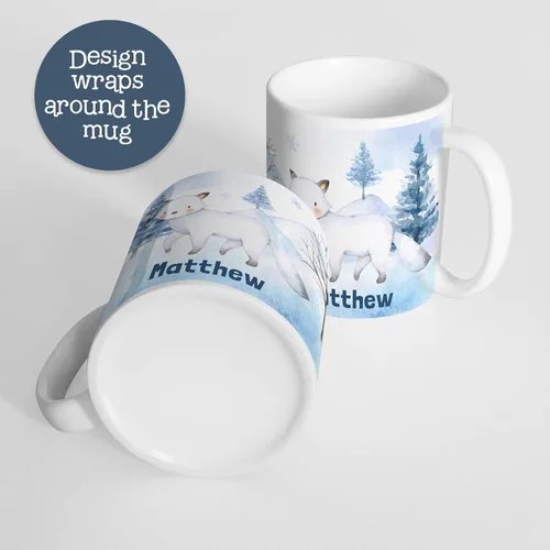 Vista 2 de Taza de Navidad para niños personalizable con nombre Winter Fox in Snow irrompible para niños Apto para lavavajillas, sin BPA y melamina
