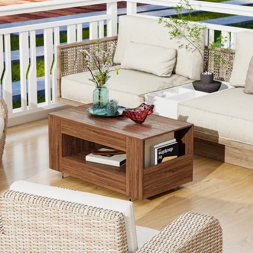 Vista 6 de Mesa de centro con estante abierto, mesa de cóctel moderna de alto brillo para sala de estar, dormitorio, oficina, acabado de grano de madera, marrón