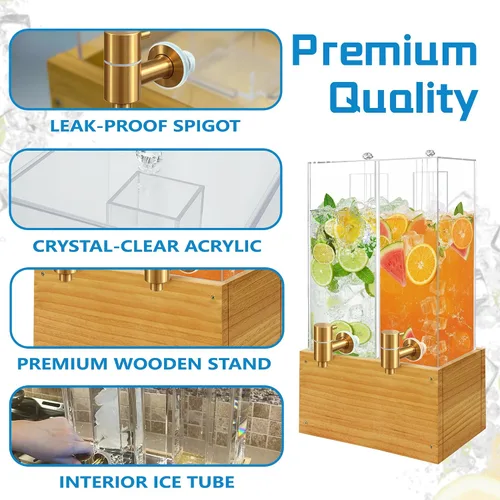 Vista 4 de Paquete de 2 dispensadores de bebidas de 2 galones, dispensador grande de bebidas con soporte de madera, dispensador de bebidas con núcleo de hielo