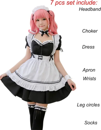 Vista 5 de GRAJTCIN Disfraz de sirvienta francesa de anime para mujer disfraz de cosplay de Lolita con calcetines