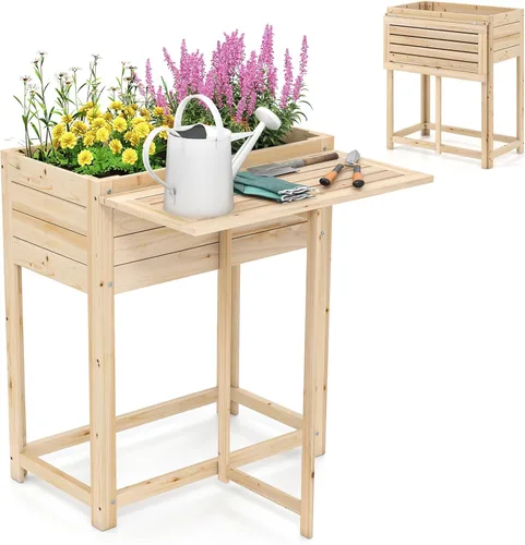 Vista 11 de GIANTEX Maceta elevada, caja de jardín elevada con 8 rejillas y mesa de trabajo lateral, contenedor de madera para plantas al aire libre patio