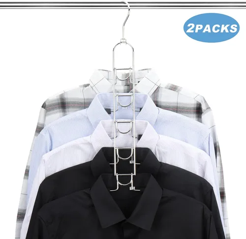 Vista 6 de Mastom Perchas de ropa que ahorran espacio, percha de metal multicapa, paquete de 2 perchas 5 en 1 que ahorran espacio, colgador acolchado de espuma