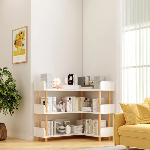 Vista 3 de Estantería esquinera reversible de madera, moderna estantería en forma de L de 3 niveles con marco de madera maciza y protección de bordes
