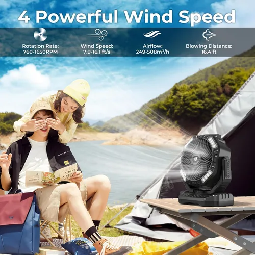 Vista 3 de 68HRS - Ventilador de campamento para correr con luz, batería recargable de 20000 mAh, potentes 4 velocidades y oscilación automática, temporizador