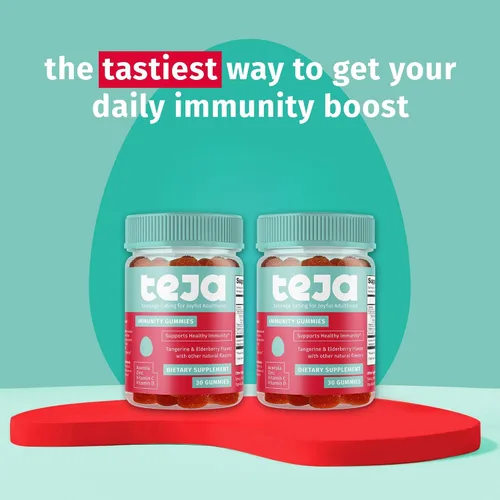 Vista 2 de TEJA Gomitas de apoyo inmunológico para adolescentes con vitamina D, VIT C, zinc y acerola. Suplemento bajo en azúcar, multivitamínico de inmunidad