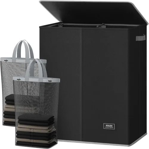 Vista 18 de SOLEDI Cesta de lavandería grande doble con tapa, cesta de ropa plegable de 2 secciones con bolsas extraíbles, cesta de lavandería que ahorra