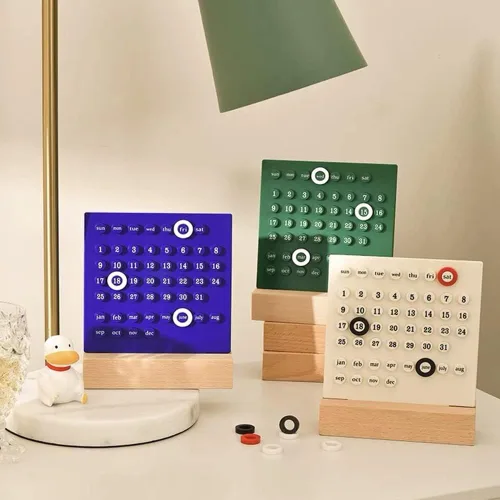 Vista 3 de Calendario de escritorio de madera, calendario de planificador perpetuo, regalos únicos, visualización de fecha de mes, decoraciones de escritorio