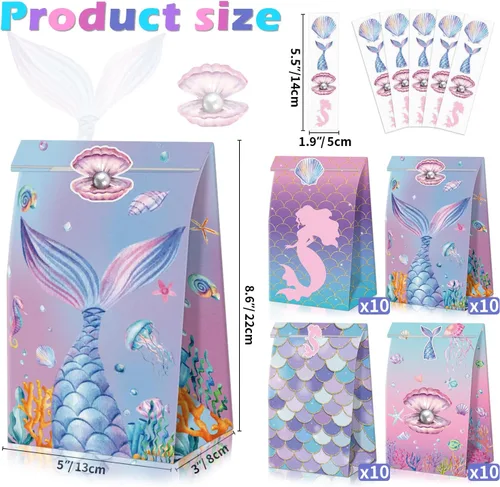 Vista 2 de XJLANTTE 40 bolsas de regalo de sirena, bolsas de recuerdo de fiesta bajo el mar con calcomanías para la cola, bolsas de fiesta para niños y niñas