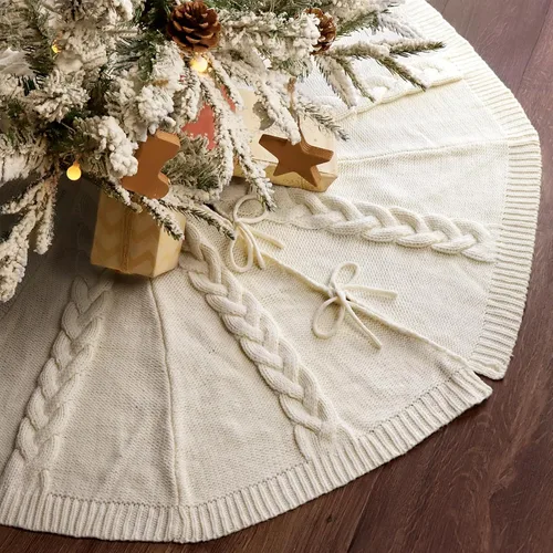 Vista 8 de Falda de árbol de Navidad de 48 pulgadas: Falda de árbol de punto de cable trenzado en diamante para árbol de 7.5 pies, falda de árbol blanco crema