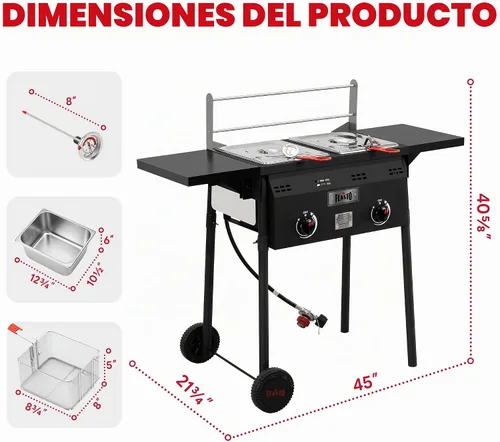 Vista 2 de Freidora profunda al aire libre de propano Feasto, tanque doble con quemadores independientes dobles de hierro fundido y termómetros, olla