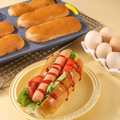 Vista 6 de MUJUZE Molde para bollo de perro caliente, molde de pan de 6 cavidades, molde de silicona para bollos de perro caliente, antiadherente y resistente