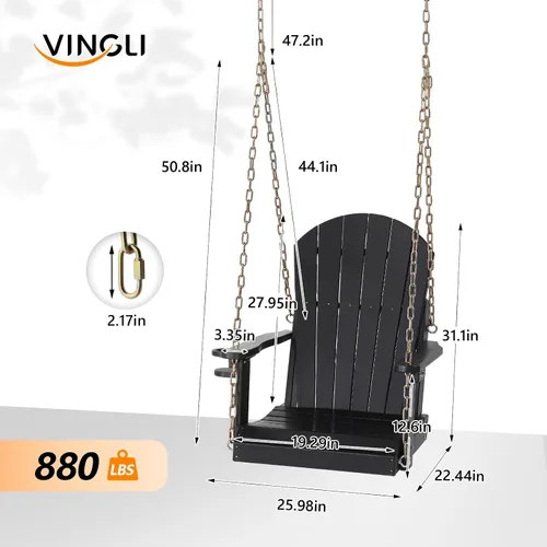 Vista 3 de VINGLI Columpio de porche de polietileno de alta densidad de alta resistencia de 880 libras para exteriores con soporte giratorio para tazas, Negro