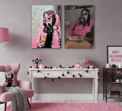 Vista 3 de 2 Piezas Máscaras de Fantasmas de Halloween Arte de Pared Moderno Rosa Académico Gótico Romántico Decoración de Pared de Fantasmas Cuadros Terror
