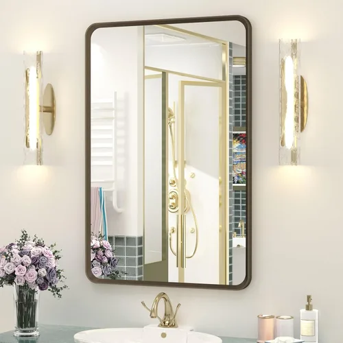 Vista 40 de OKPAL - Espejo de tocador de baño de 20x24 pulgadas con marco de metal cepillado en bronce, espejo de baño con marco de metal cepillado en bronce