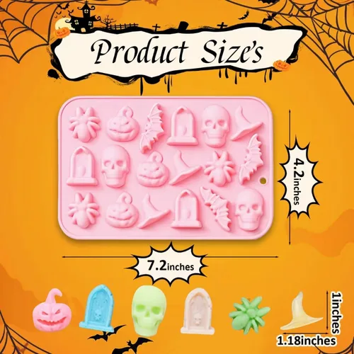 Vista 4 de Molde de silicona de Halloween para chocolate 3D para hornear chocolates, galletas, gomitas de caramelos, calaveras, calabazas, murciélagos