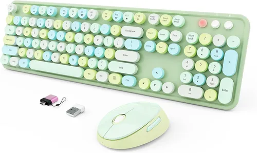 Vista 13 de SkyGive - Combo de teclado y mouse inalámbricos, teclado ergonómico de tamaño completo con diseño retro tipo máquina de escribir, con teclas