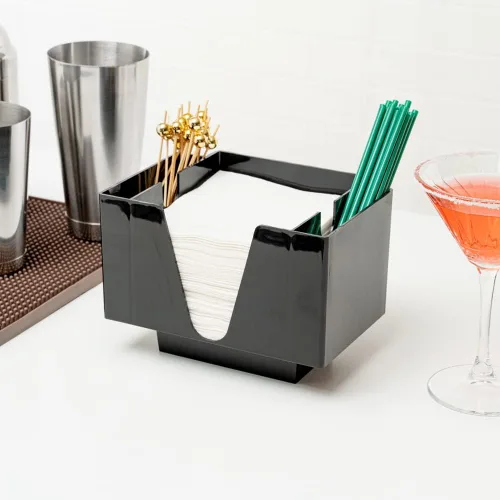 Vista 3 de Restaurantware Bar Lux - Servilletero rectangular de plástico negro de 7.9 x 5.5 pulgadas, 1 organizador de 3 compartimentos, de plástico negro