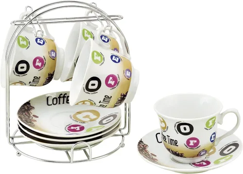 Vista 3 de WORLD GIFTS Elegante juego de tazas de té y platillo de porcelana duradero y colorido con soporte de metal, grano de café, 8 onzas, juego de 4