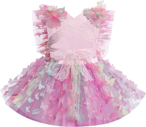 Vista 2 de IDOPIP Vestido de tutú de mariposa para bebé, sin mangas, sin espalda, de encaje, princesa, vestido de fiesta de cumpleaños con diadema