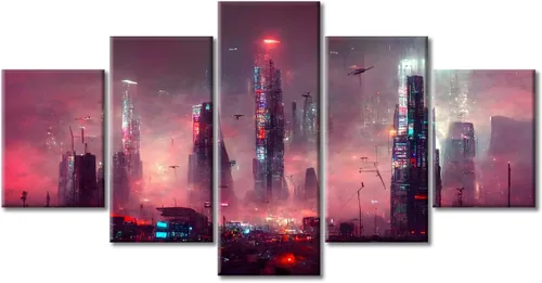 Vista 292 de Cuadros de 5 paneles de Cyberpunk City, arte de pared, representación de vallas publicitarias, edificios modernos en la capital con obras de arte