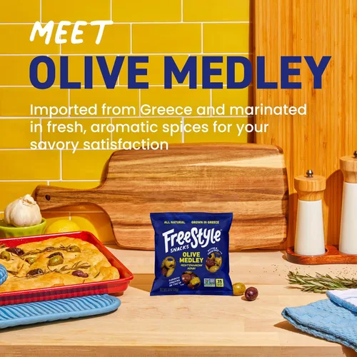 Vista 3 de Freestyle Snacks Paquetes de aperitivos de oliva, como se ve en Shark Tank, una sola porción, aceitunas frescas sin hueso, cultivadas en Grecia
