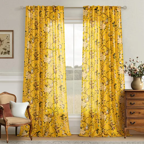 Vista 46 de Cortinas de lino de pájaro floral azul 2 paneles de 72 pulgadas de largo Aqua Blue
