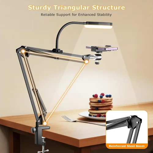 Vista 15 de Soporte de cámara superior con anillo de luz, brazo flexible articulado para teléfono compatible con iPhone, webcam Logitech, trípode de escritorio
