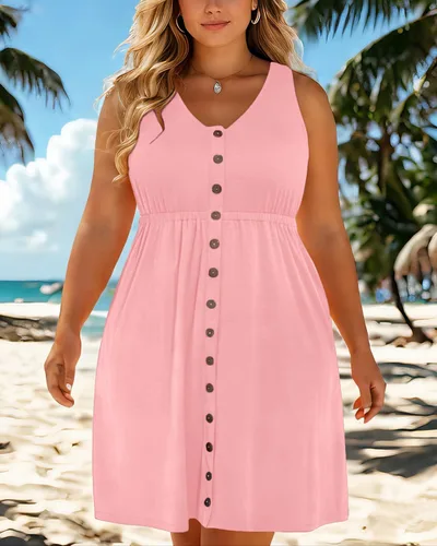 Vista 33 de Holipick Vestidos de verano para mujer, talla grande, casual, con bolsillos, acampanado, con botones, sin mangas, cuello en V